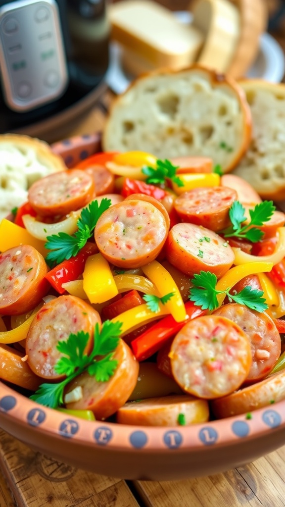 Crispy air fryer kielbasa with bell peppers and onions in a rustic bowl.